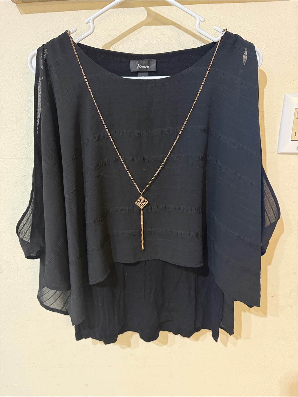 Bwear Black Layered Chiffon Tunic Top with Attached Necklace